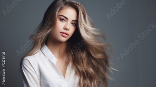 Attractive woman in a white business suit with long wavy hair. Hair care. Fashion and beauty.