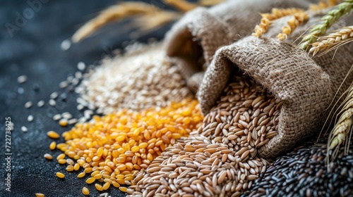  a bunch of grains sitting on top of a table next to a bag of grain on top of a table.