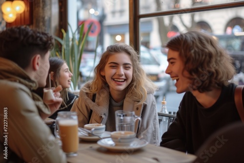 Cheerful young friends having fun in a cafe
