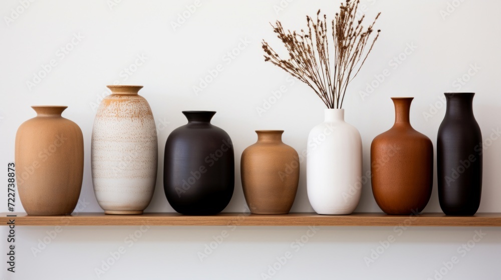 A collection of diverse styled vases on a wooden shelf, displayed against a clean white wall. A collection of diverse styled vases on a wooden shelf, displayed against a clean white wall.
