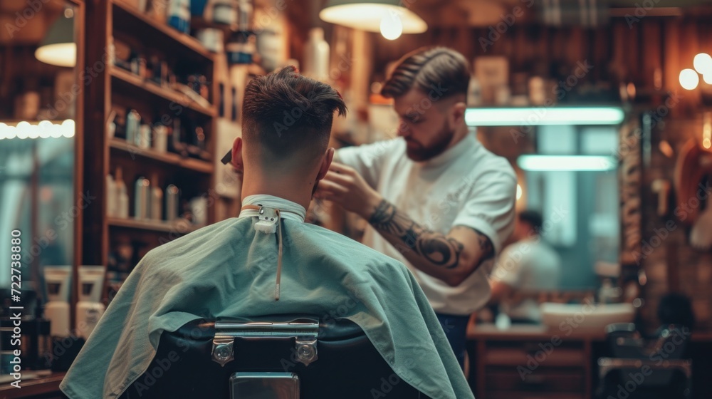 Obraz premium photograph of Hairstylist serving client at barber shop telephoto lens natural lighting --ar 16:9 --v 6 Job ID: 8acab6bf-3cdb-49ef-a1b8-43f43e77f3f4