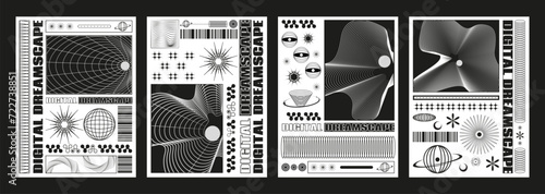 Retro futuristic techno banners set. Vector realistic illustration of retrowave aesthetic black and white posters with wireframe landscape, planet, star, flower icons, y2k vibe announcement flyers