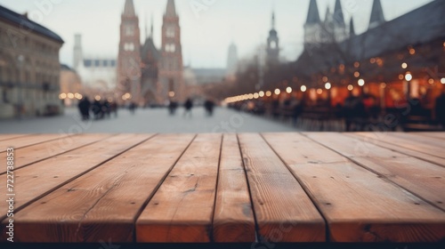 Wooden table surface with a blurred city square and historical architecture in the background.