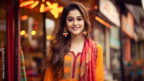 A cheerful young woman adorned in traditional Indian attire and jewelry with a bright, colorful backdrop.