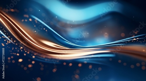 Abstract digital art depicting flowing blue waves with copper accents and glittering particles.