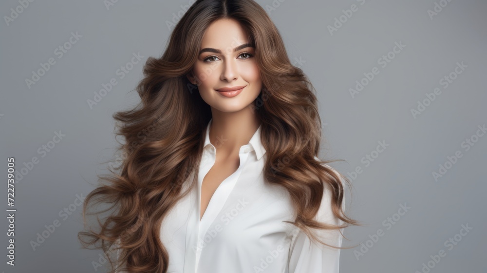 Attractive woman in a white business suit with long wavy hair. Hair care. Fashion and beauty. Attractive woman in a white business suit with long wavy hair. Hair care. Fashion and beauty.