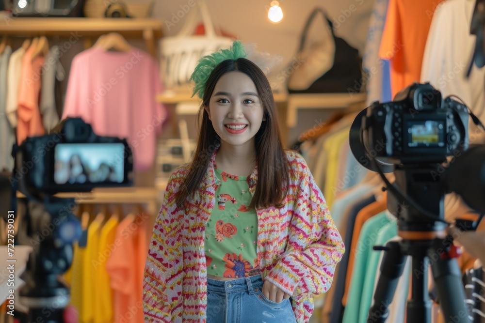 Asian blogger showing clothes in front of the camera to recording vlog video live streaming at her shop. Online Shopping Asian blogger showing clothes in front of the camera to recording vlog video live streaming at her shop. Online Shopping