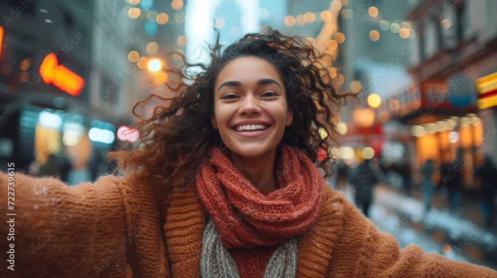 Happy Young Woman Enjoying Winter City Life. Happy Young Woman Enjoying Winter City Life.