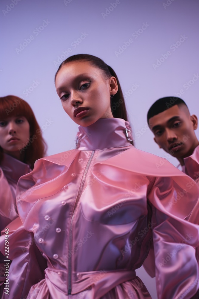 Three models in pink outfits standing in front of a wall. Generative AI. Three models in pink outfits standing in front of a wall. Generative AI.