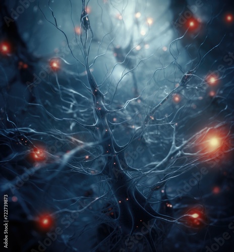 Neurons in the dark with glowing lights. Generative AI.