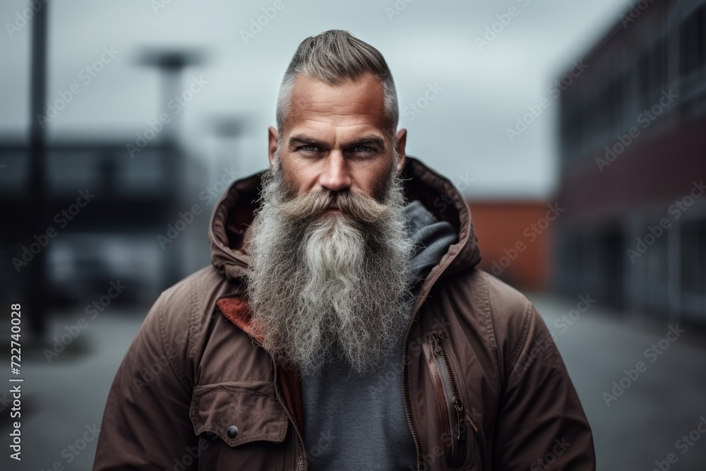 close-up portrait of a man with a long beard and mustache in a brown jacket on the street close-up portrait of a man with a long beard and mustache in a brown jacket on the street