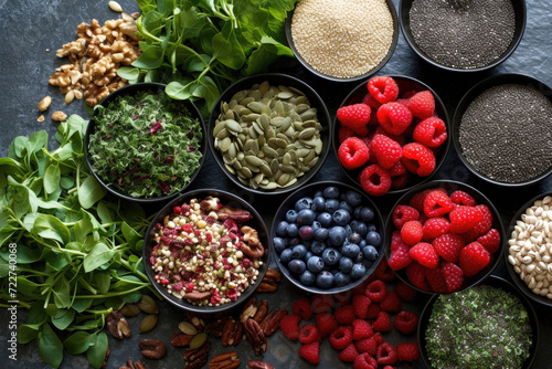 A medley of nutrient-rich berries, seeds, nuts and greens for healthful eating photo