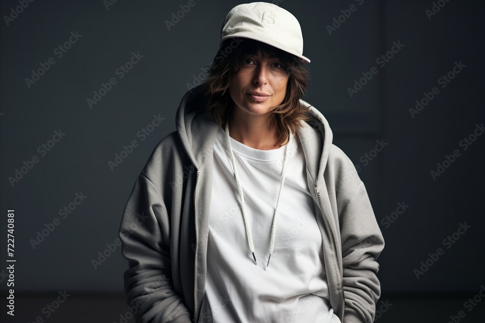 Attractive young woman in a hoodie and cap. Studio shot. Attractive young woman in a hoodie and cap. Studio shot.
