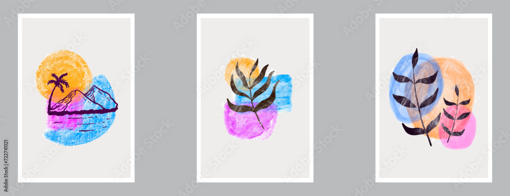 set of botanical wall art. nature drawing art with abstract texture. vector illustration