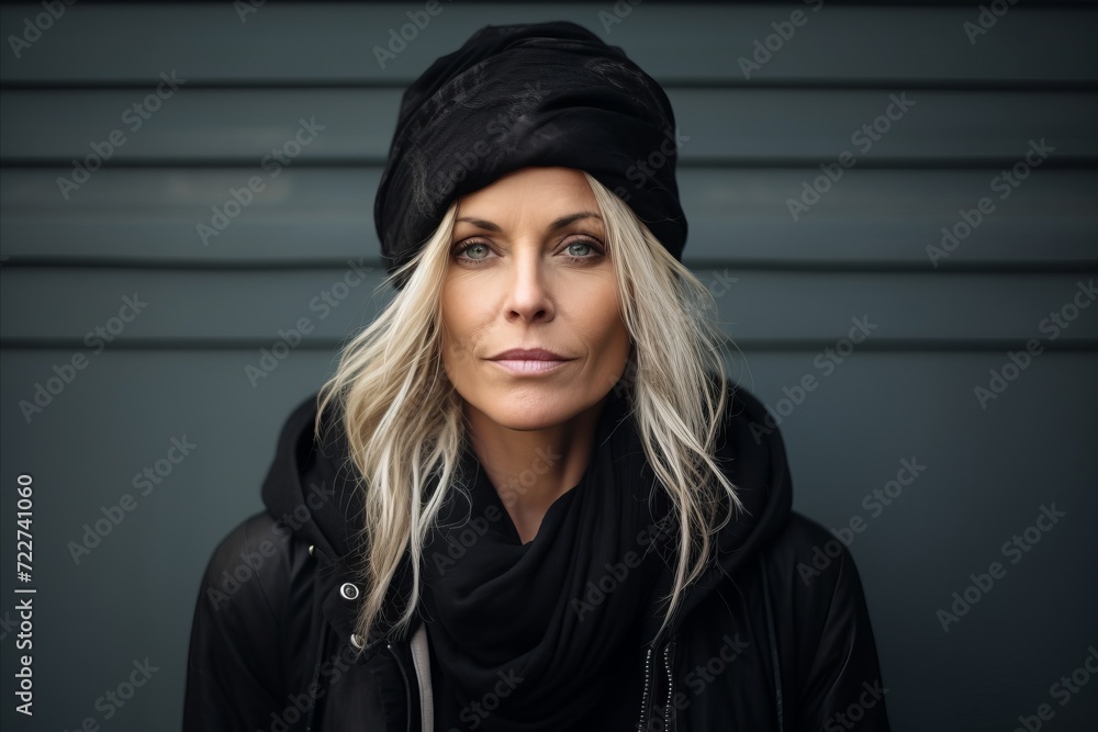 Portrait of a beautiful woman in a black coat on the street Portrait of a beautiful woman in a black coat on the street