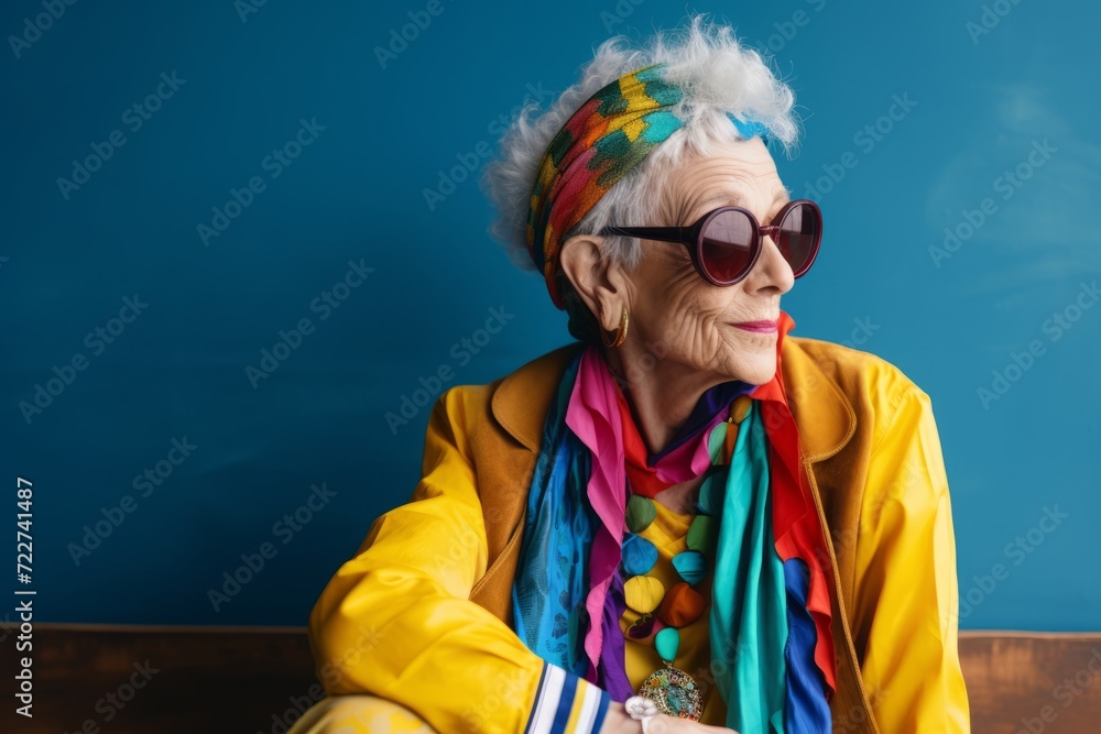 Portrait of a beautiful senior woman in bright clothes and sunglasses. Portrait of a beautiful senior woman in bright clothes and sunglasses.