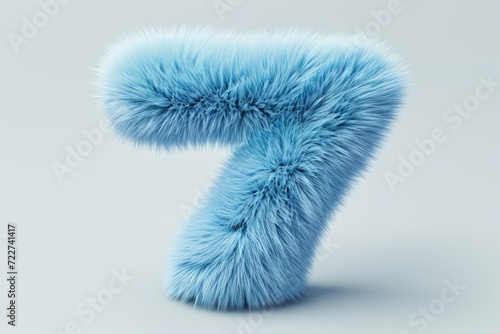 Cute blue number 7 or seven as fur shape, short hair, white background, 3D illusion, storybook style photo