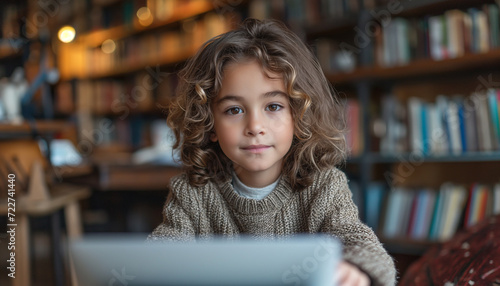 A little boy is focused intently on a laptop screen, in a home environment, education and technology concept.
