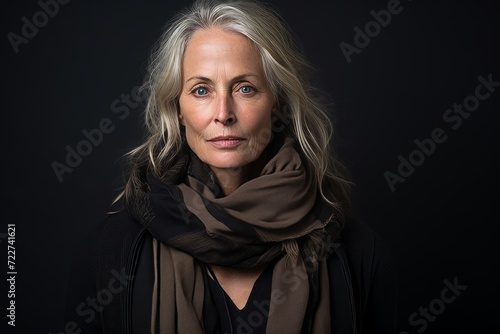 Portrait of a beautiful senior woman wearing scarf over black background.