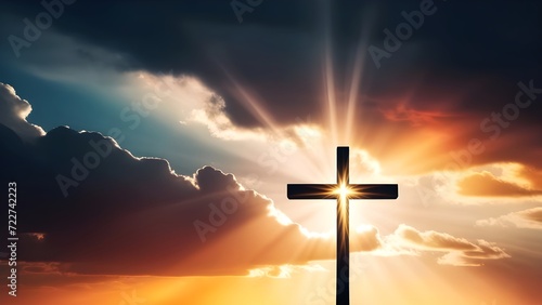 A Cross with Sunset Sky Background, Crucifixion Of Jesus Christ © pornpun