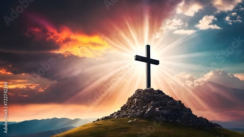 A Cross on top of the Mountain at Sunset with Sky Background, Crucifixion Of Jesus Christ