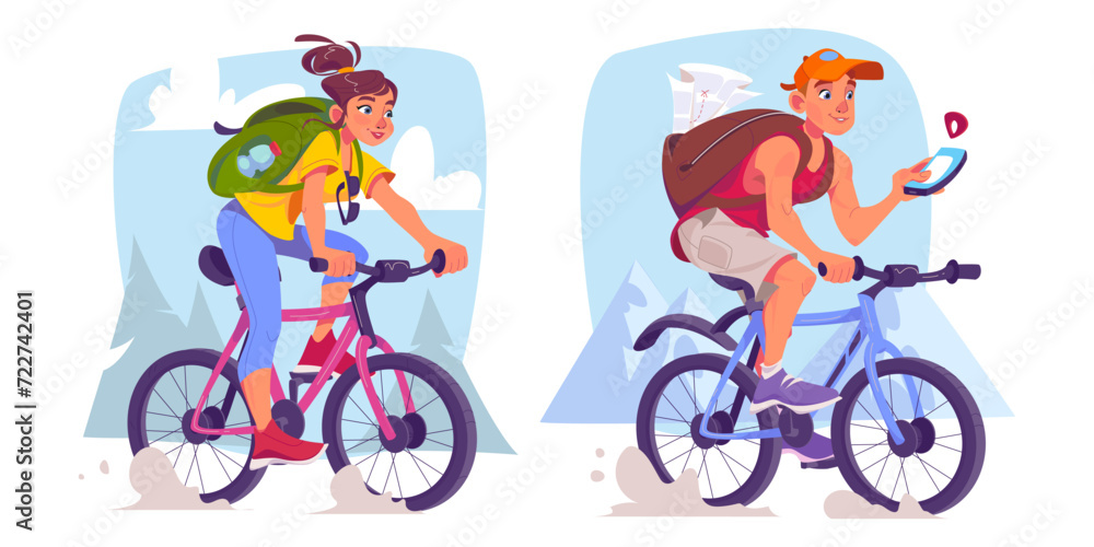 Obraz premium Tourist with backpack ride bicycle. Cartoon vector set of young people travel on bike - woman cycling on mountain background, man driving with paper map in rucksack and navigating with mobile phone.