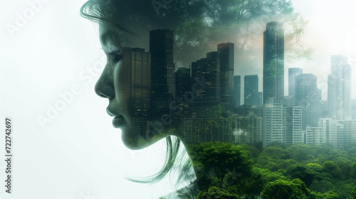 Sustainable development,ESG (Environment Social and Governance),RECs concept.double exposure woman Ecology renewable energy,reduce CO2 emissions carbon footprint climate change to limit global warming
