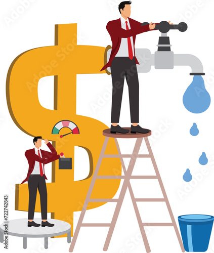 Businessman team turning on dollar sign tap but no water from the faucet