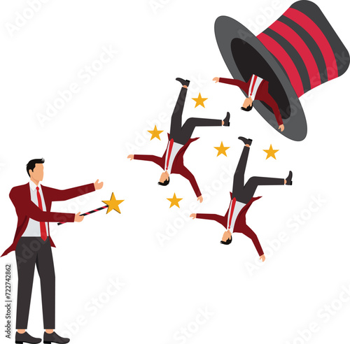 Businessman waves the magic wand and then group of people pop out of the magic hat
