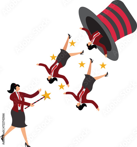 Businesswoman waves the magic wand and then group of people pop out of the magic hat