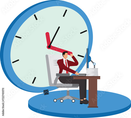 Stress and time pressure, deadline, overtime concept, businessman under a big clock