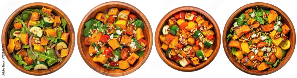 roasted pumpkin salad in and wooden bowl, top view roasted pumpkin salad in and wooden bowl, top view