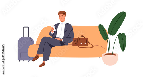Business man tourist sitting on sofa, waiting for departure. Employee passenger in trip with bags, baggage, reading mobile phone on couch. Flat vector illustration isolated on white background
