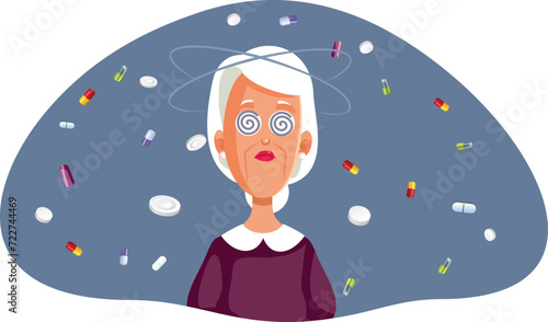 Sick Elderly Woman Feeling Nauseated Taking Medication Vector Character. Senior lady suffering from balance loss and fainting symptoms 
