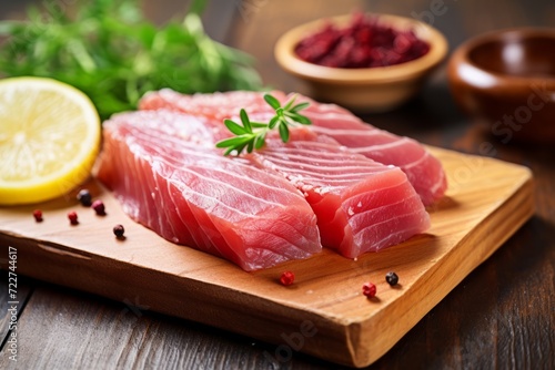 Close-up of Fresh raw Tuna fillet steak and sashimi on wooden board background, delicious food for dinner, healthy food, ingredients for cooking