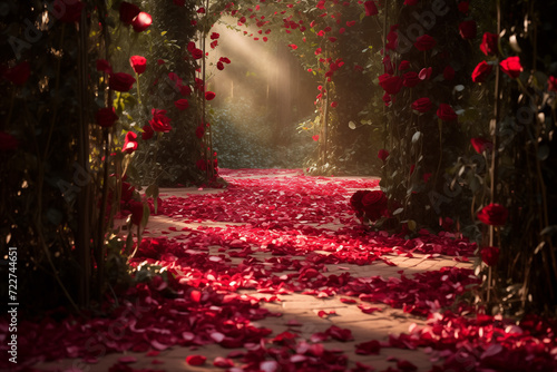 Magical red rose petal trail leading out through a surprise
