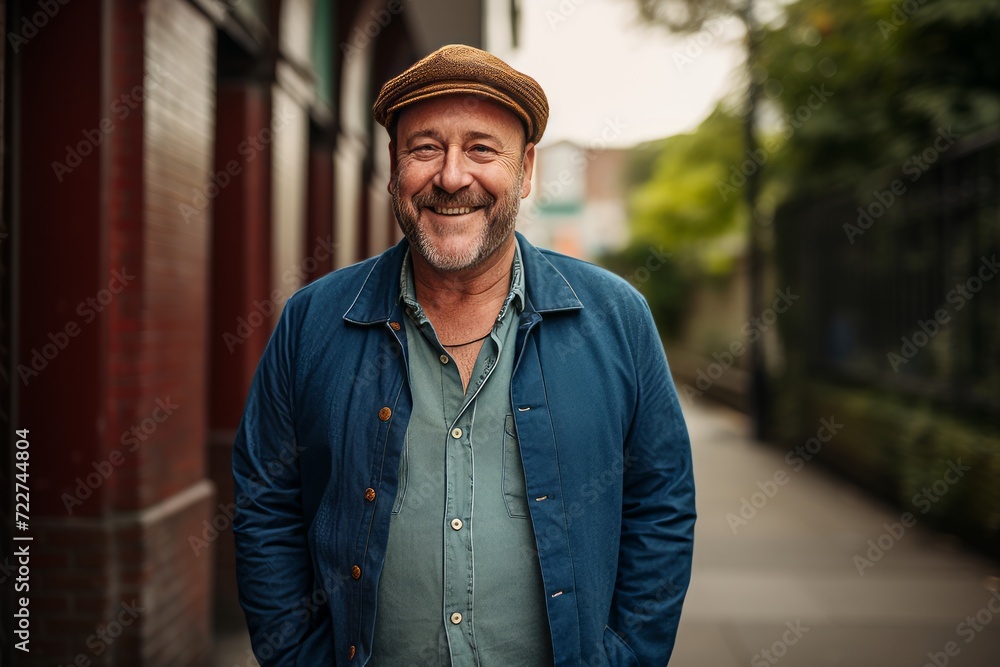 Portrait of a smiling senior man with hat standing outdoors in the city. Portrait of a smiling senior man with hat standing outdoors in the city.