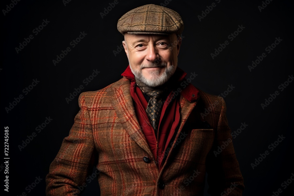 Senior man wearing a cap and coat on a black background. Studio shot. Senior man wearing a cap and coat on a black background. Studio shot.