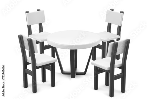 Booth round table and four chairs made from white plastic top and black legs for cafe or exhibition display. Realistic vector illustration of empty furniture for advertising and corporate presentation