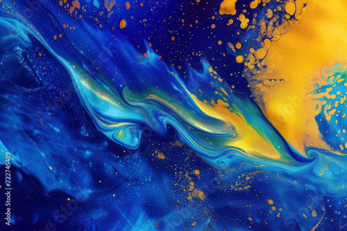 Abstract background with bright blue and yellow artistic macro paint particles spreading in slow motion. Vivivd colors. Background image. Created with Generative AI technology
