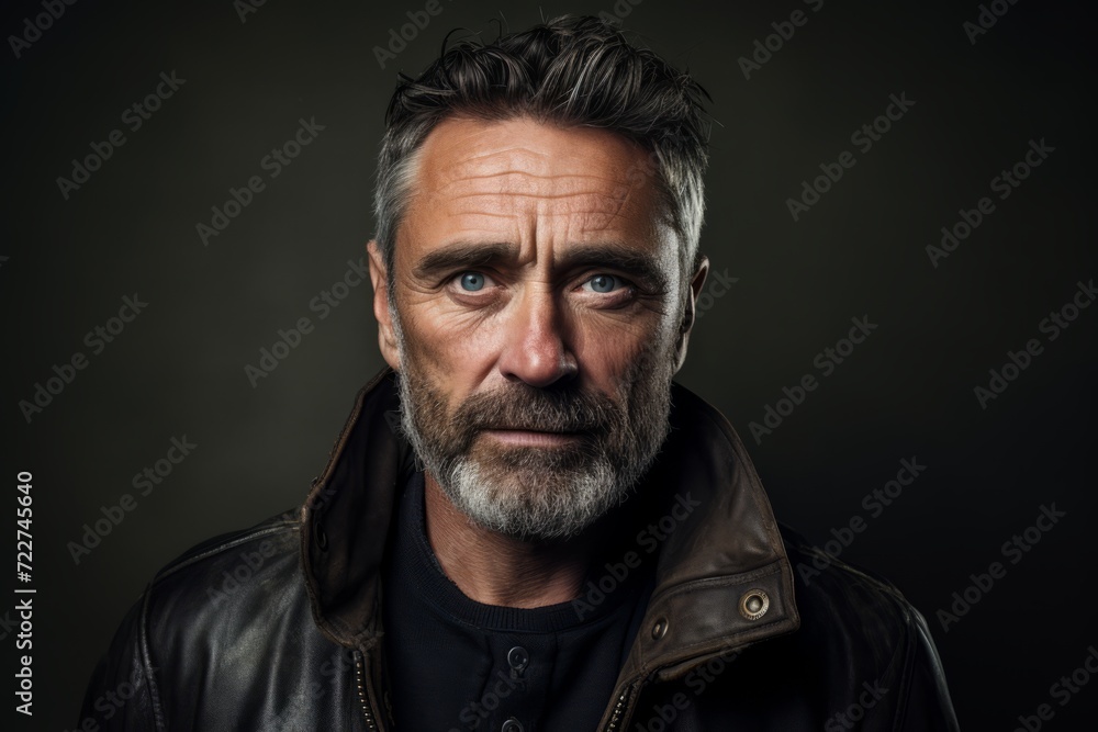 Portrait of a handsome bearded man in a leather jacket on a dark background. Portrait of a handsome bearded man in a leather jacket on a dark background.