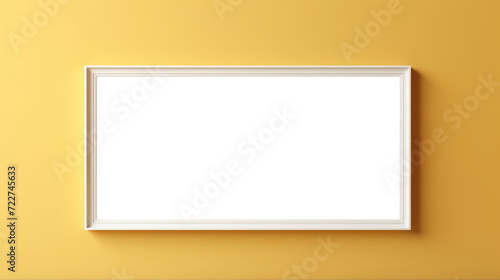 Empty picture frame on yellow wall, white transparent inside, PNG
