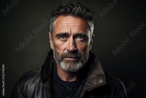 Portrait of a handsome bearded man in a leather jacket on a dark background.