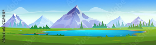 Summer mountain landscape with lake and green grass on sunny day. Cartoon vector scenery with blue pond at foot of high rocky hills and sky with clouds. Countryside scene with mount and waterhole.