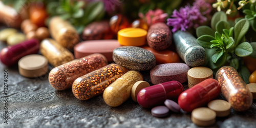 Herb supplements and organic vitamins in vegetarian capsule and herbal tablets