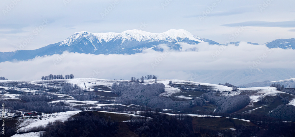 Beautiful landscape with snow covered Rodnei mountains in Carpathian mountains, Romania