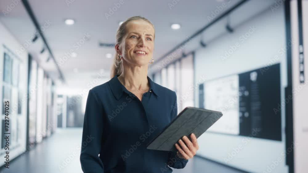 Adult Businesswoman Smiling While Checking Financial Documents on a Digital Tablet Computer. Portrait of a Successful Female Corporate Manager Walking in a Spacious Modern Office Building Adult Businesswoman Smiling While Checking Financial Documents on a Digital Tablet Computer. Portrait of a Successful Female Corporate Manager Walking in a Spacious Modern Office Building
