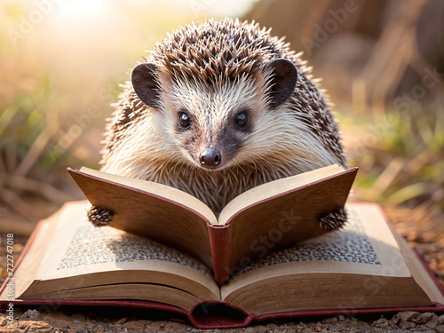African hedgehog reading and absorbed in a novel book, spines forming a protective circle, immersed in the joy of literature photo