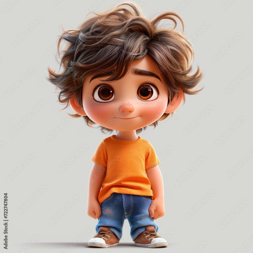 Little boy with curly brown hair and always looks a little messy, with big brown eyes, orange T-shirt, jeans, white shoes Little boy with curly brown hair and always looks a little messy, with big brown eyes, orange T-shirt, jeans, white shoes