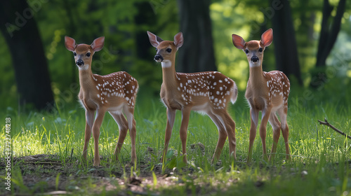 Three spotted fawns in sunlit woodland clearing.